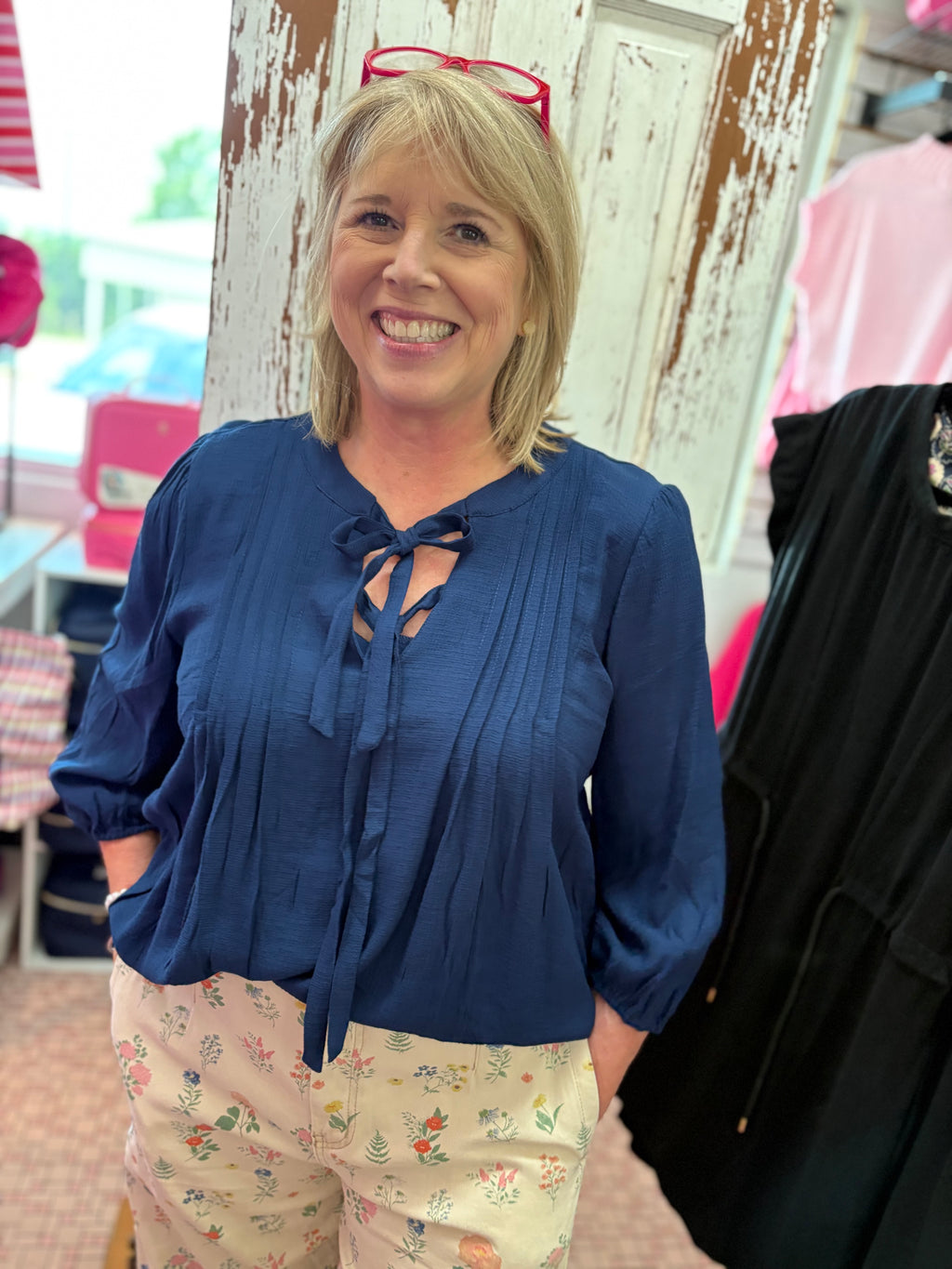 Front Tie Pleated Front 3/4 Sleeve Top Plus