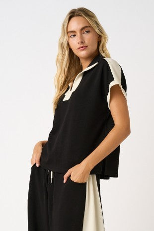 Cloud Knit Contrast Stripe Polo Short Sleeve Top & Pants
