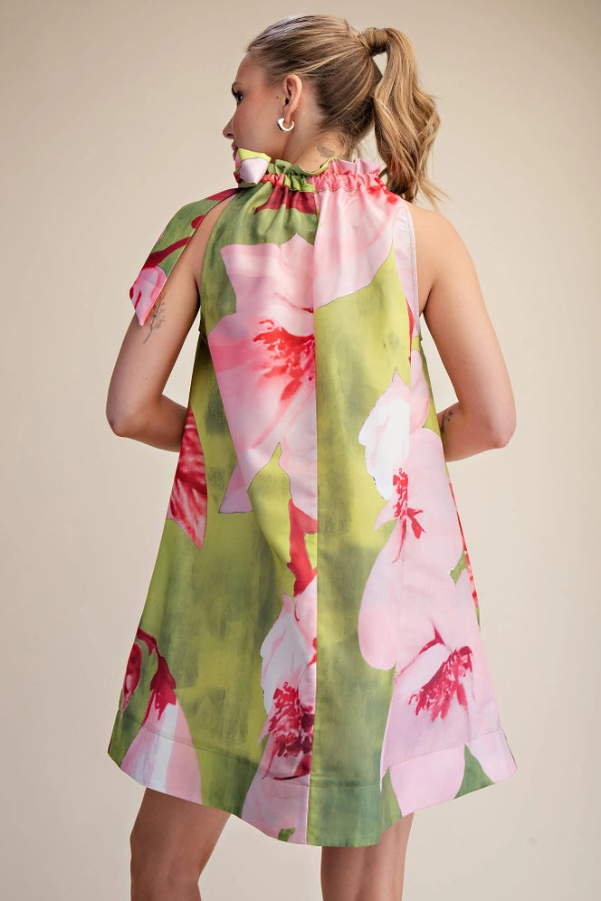 Ruffle Neck Tie Sleeveless Floral Print Mini Dress