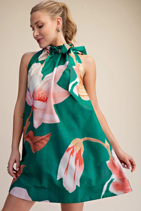 Glam Mini Dress Ruffle Neck Tie Sleeveless Floral Print