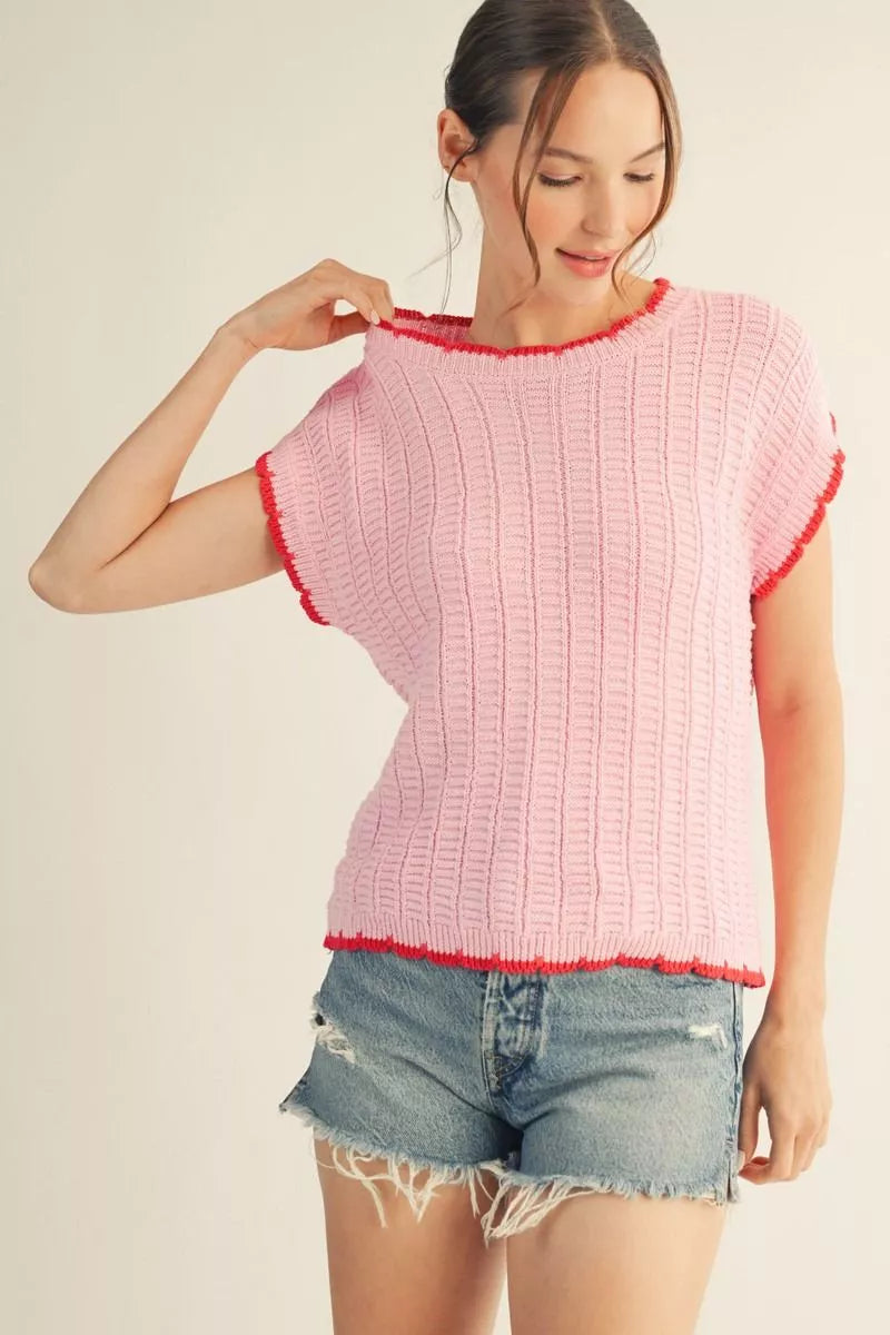 Jodifl Lightweight Pink Sweater w/Red Trim