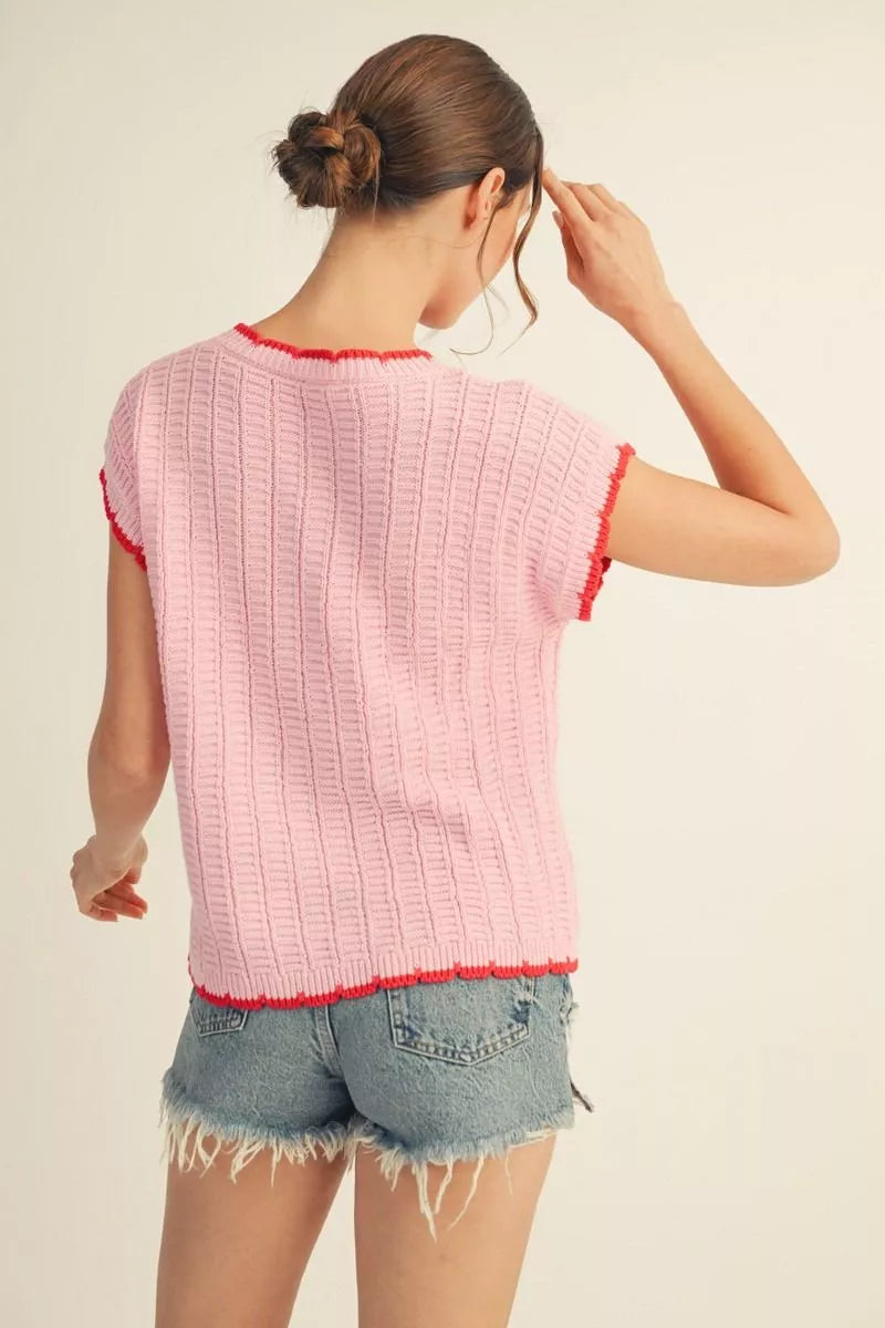 Jodifl Lightweight Pink Sweater w/Red Trim