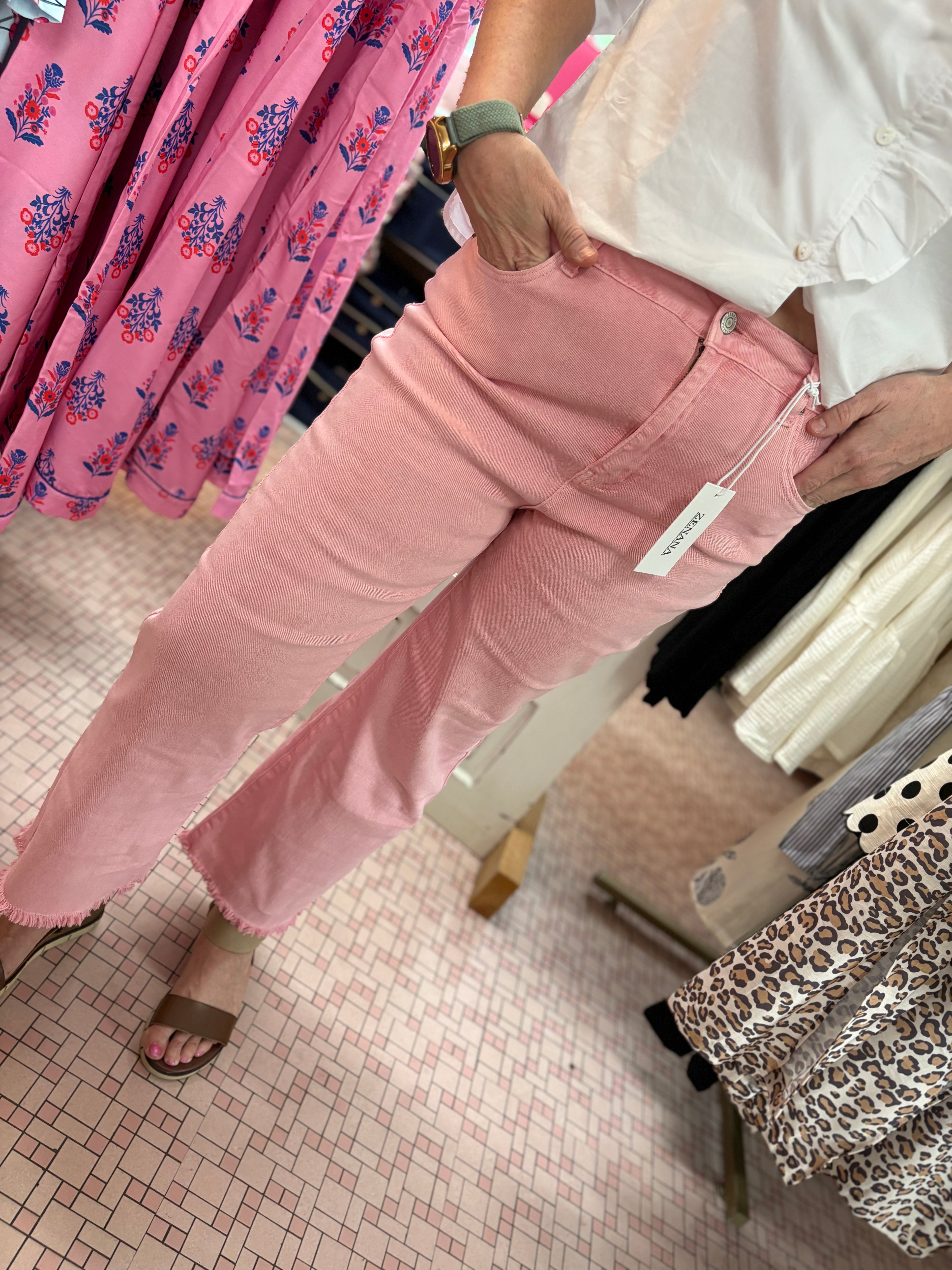 Acid Wash High Waisted Fray Hem Bootcut Pink