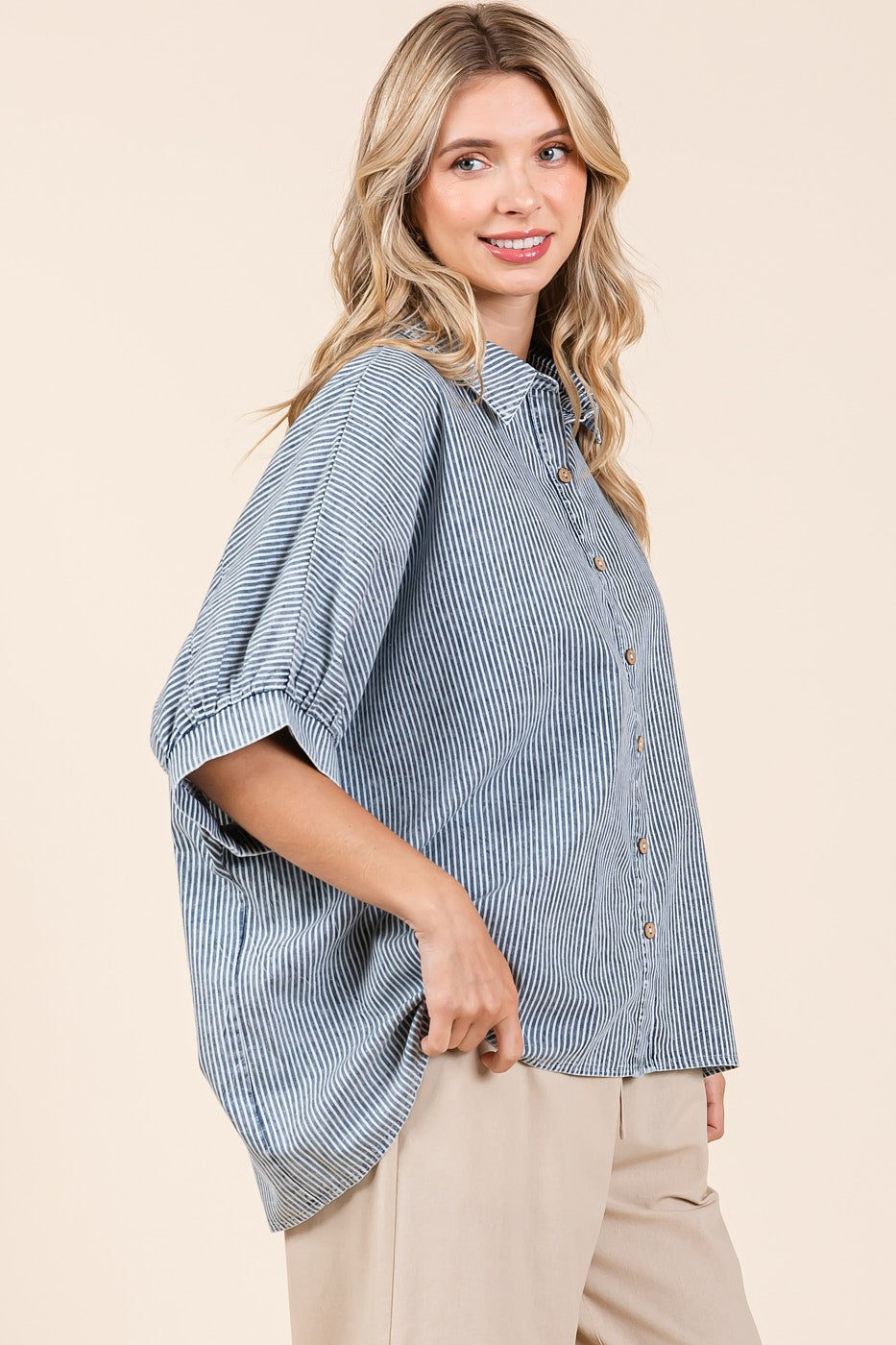 Washed Striped Print Dolman Button Down Shirt
