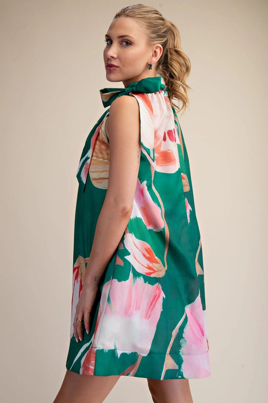 Glam Mini Dress Ruffle Neck Tie Sleeveless Floral Print