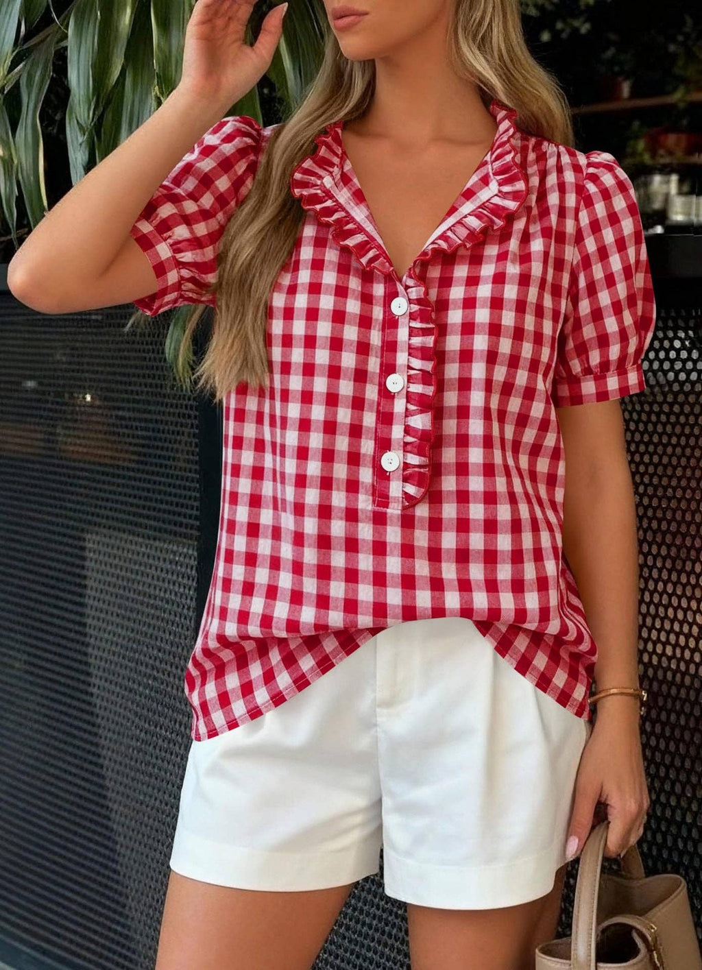 Gingham Ruffle Puff Sleeve Button Blouse Top