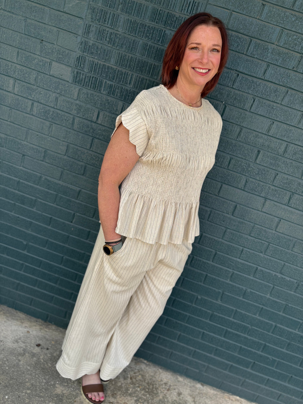 Pinstripe Smocked Flutter Sleeve Top