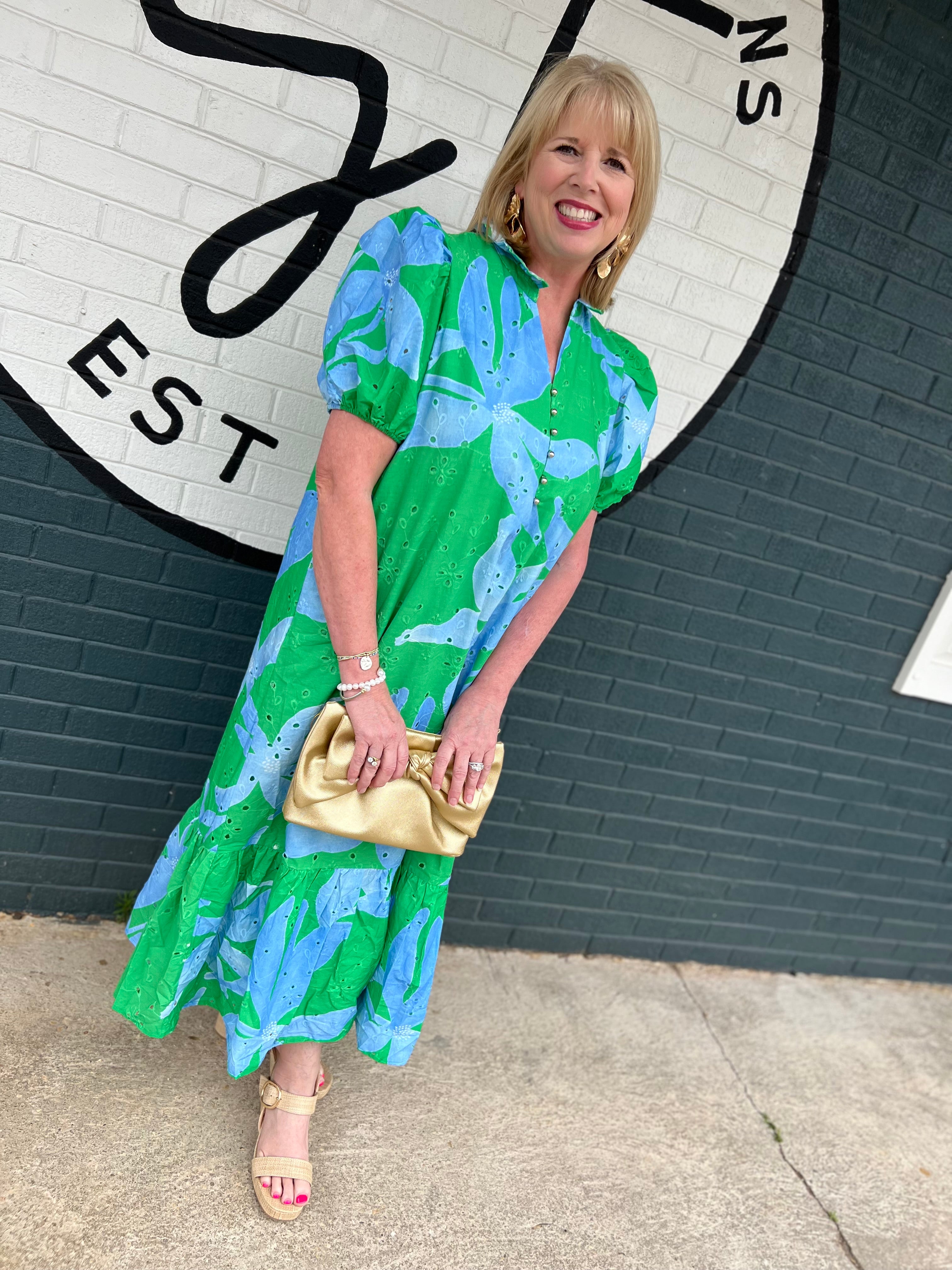 Entro Botanical print puff sleeve eyelit midi dress