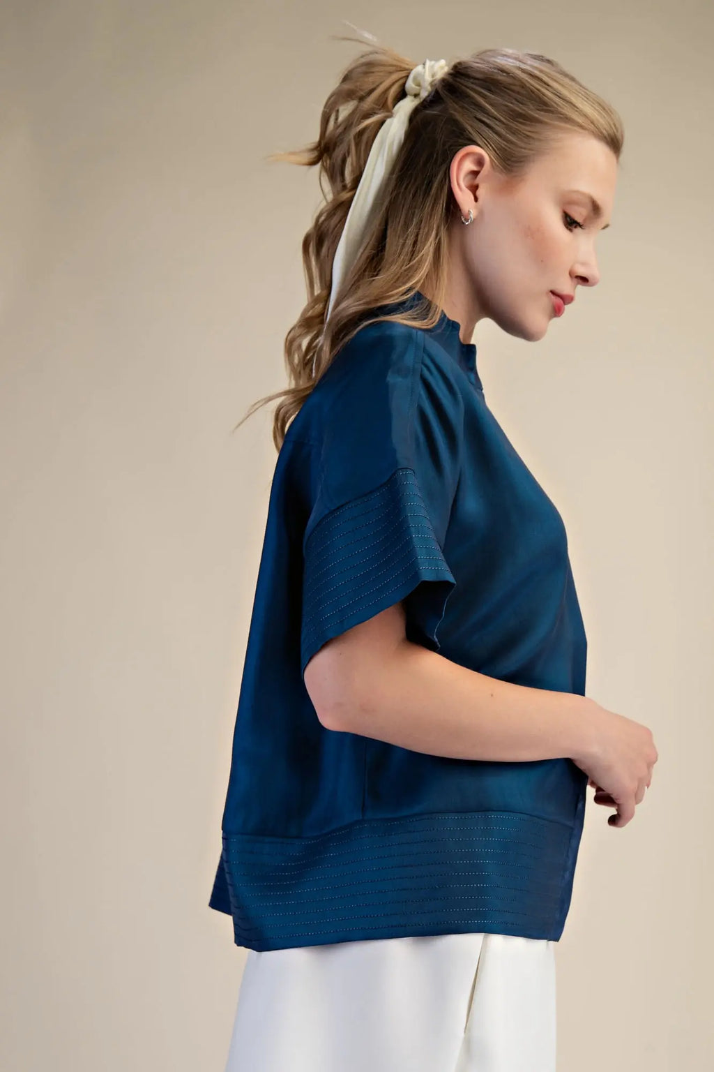 Glam Mock Neck Band Stitch Detailed Button Down Shirt