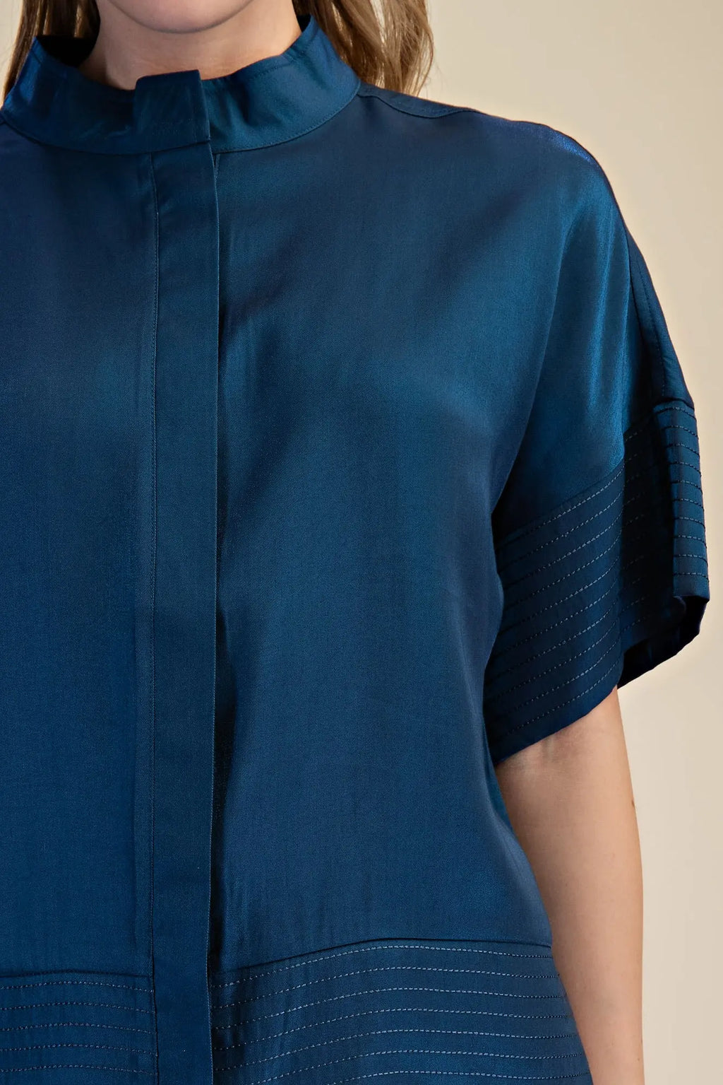 Glam Mock Neck Band Stitch Detailed Button Down Shirt