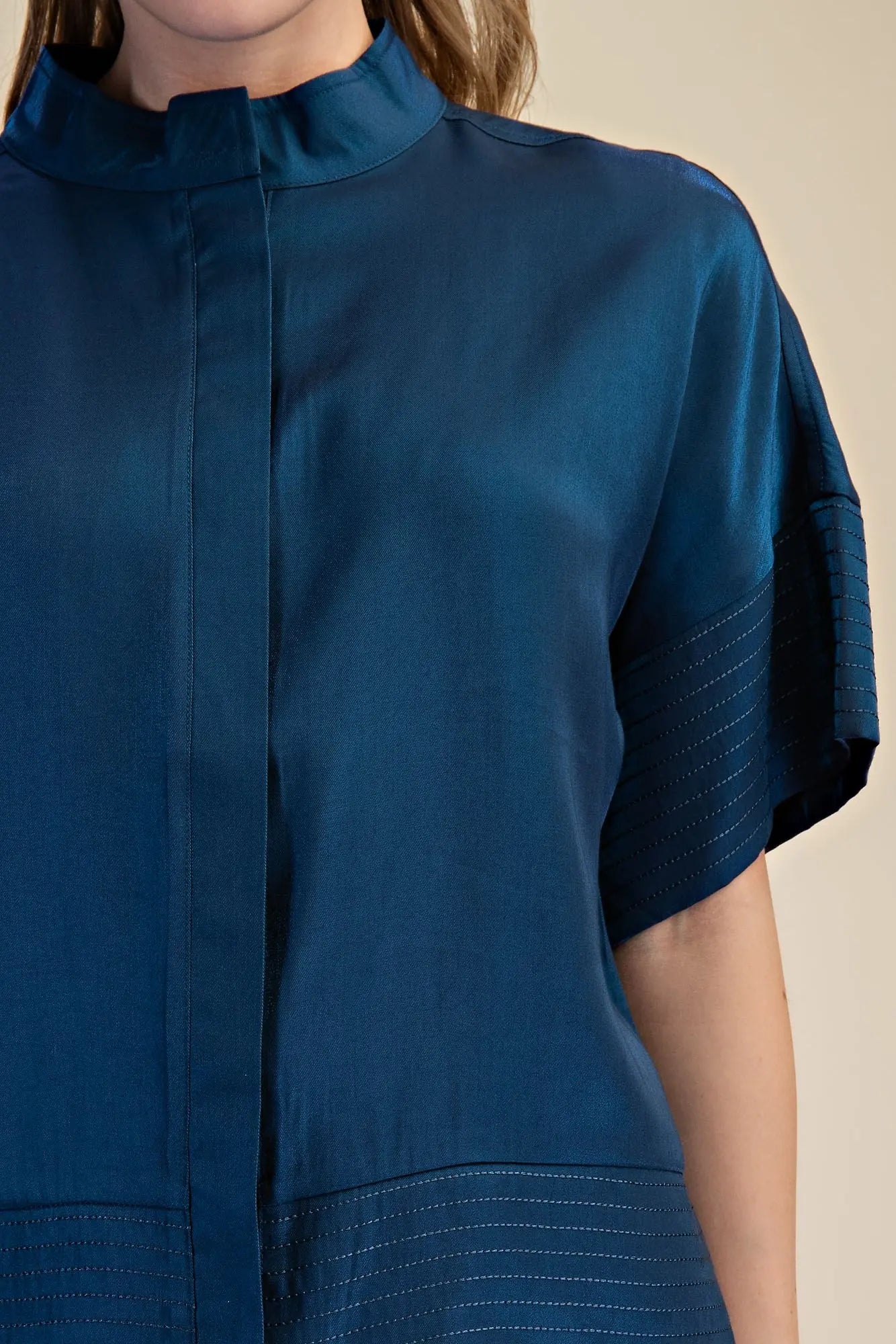 Glam Mock Neck Band Stitch Detailed Button Down Shirt
