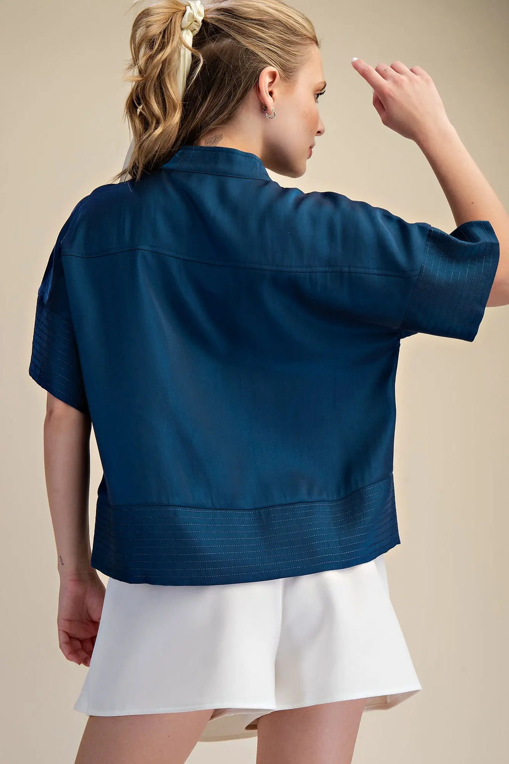 Glam Mock Neck Band Stitch Detailed Button Down Shirt