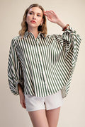 Olive Stripe Wide Puff Sleeve Buttondown Shirt
