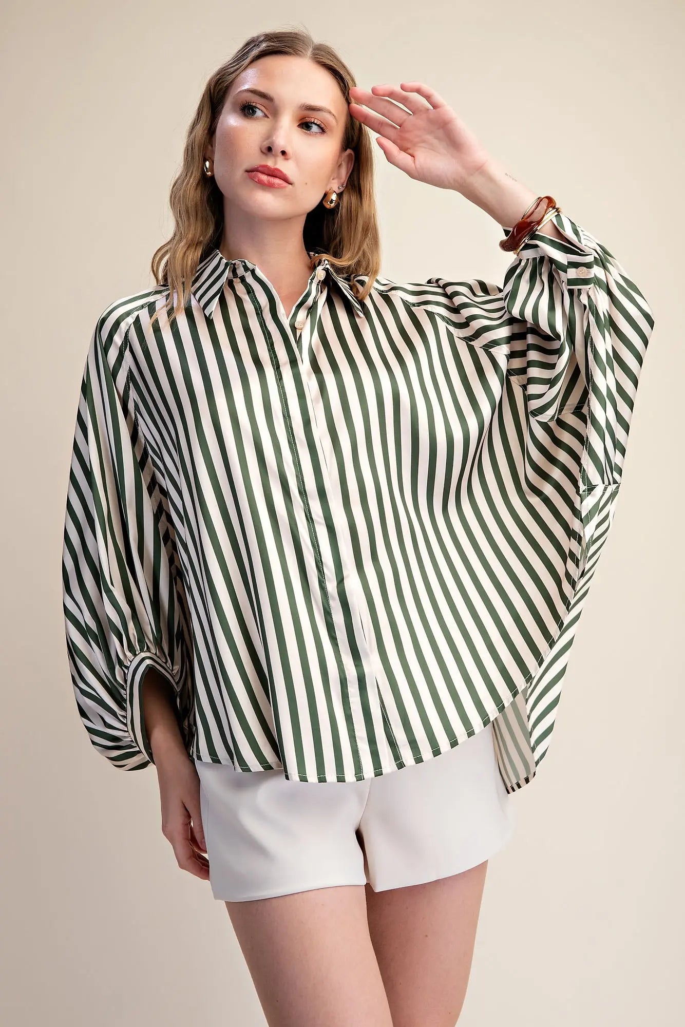 Olive Stripe Wide Puff Sleeve Buttondown Shirt