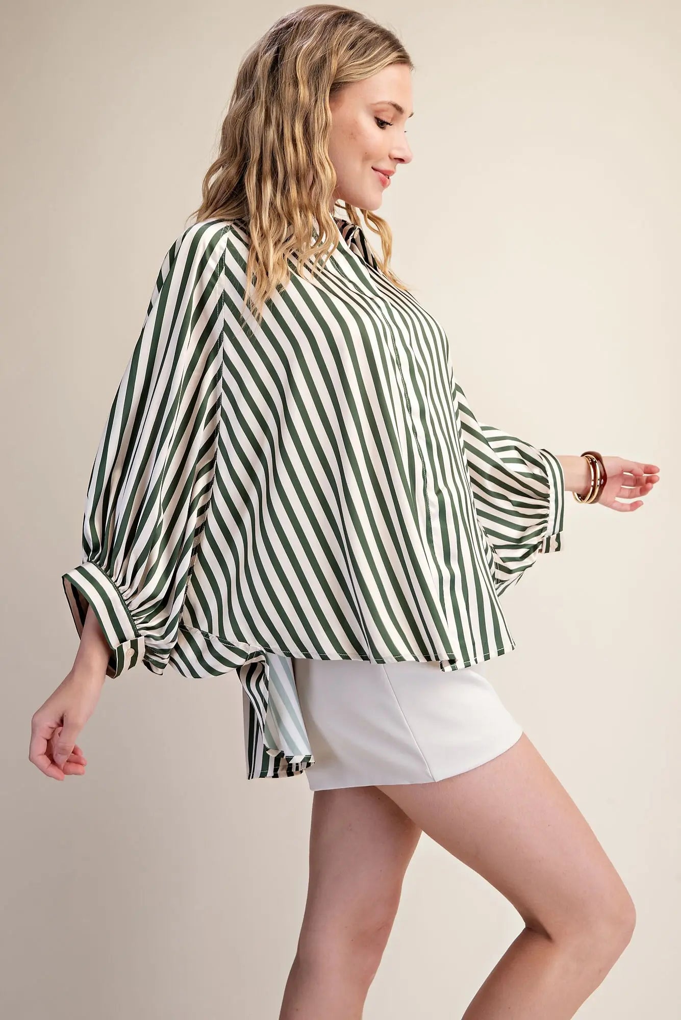 Olive Stripe Wide Puff Sleeve Buttondown Shirt