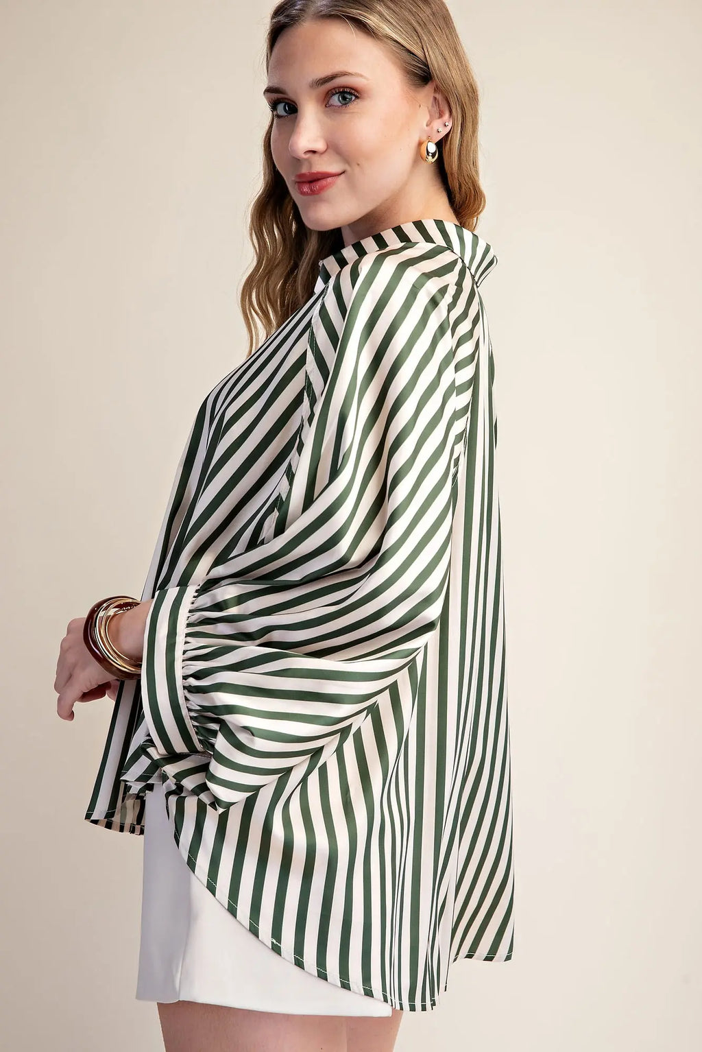 Olive Stripe Wide Puff Sleeve Buttondown Shirt