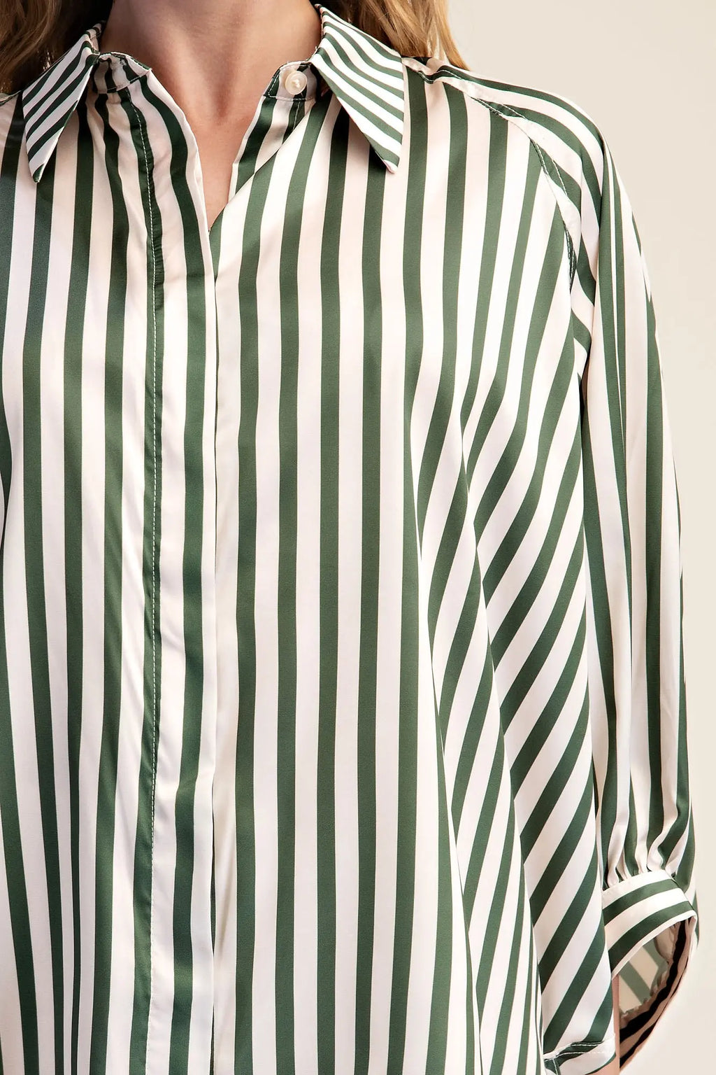 Olive Stripe Wide Puff Sleeve Buttondown Shirt