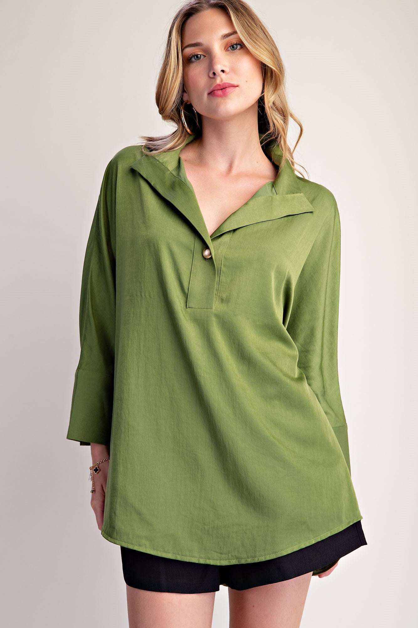 Stand Neck Button Placket Dolman Sleeves Shirt