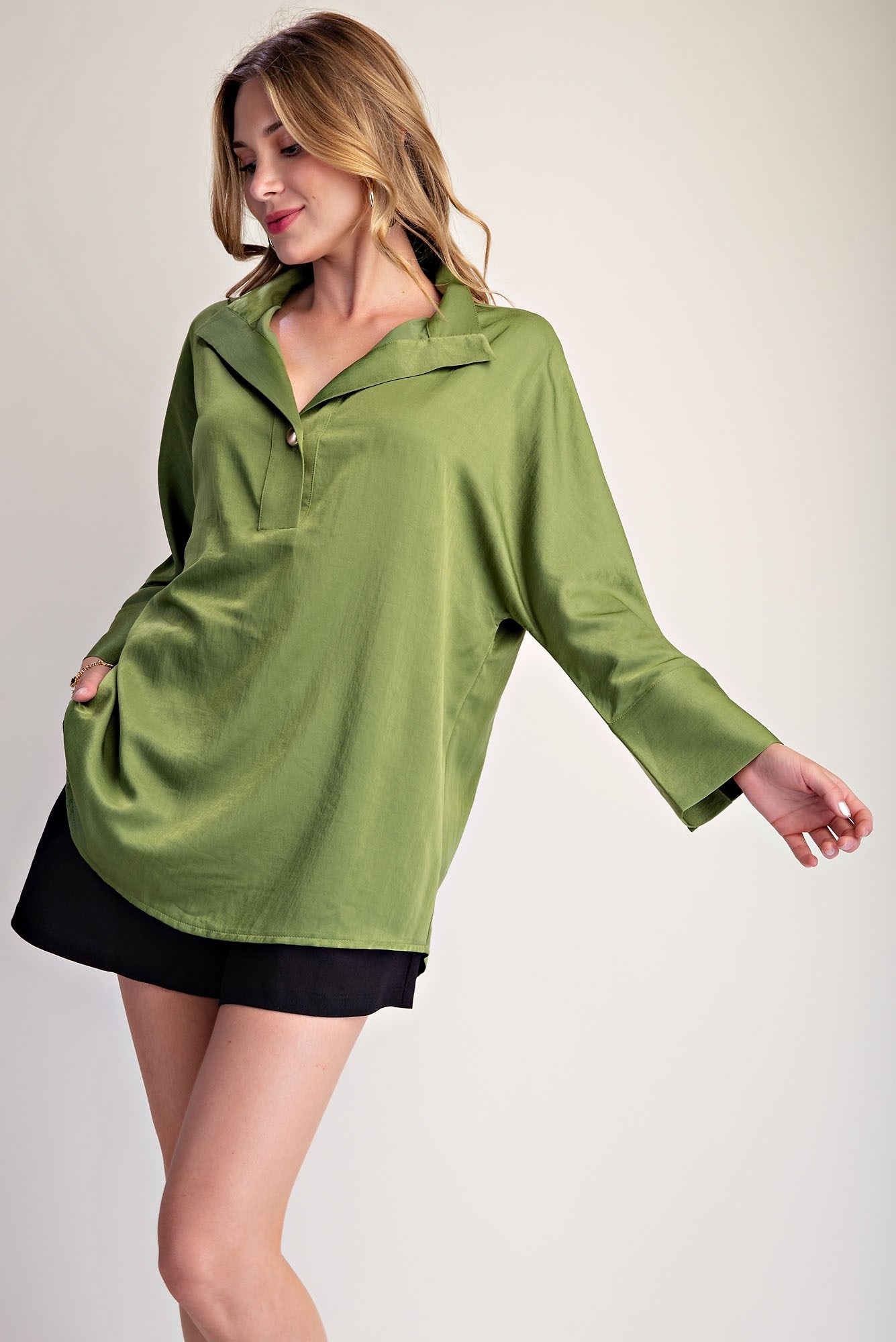 Stand Neck Button Placket Dolman Sleeves Shirt