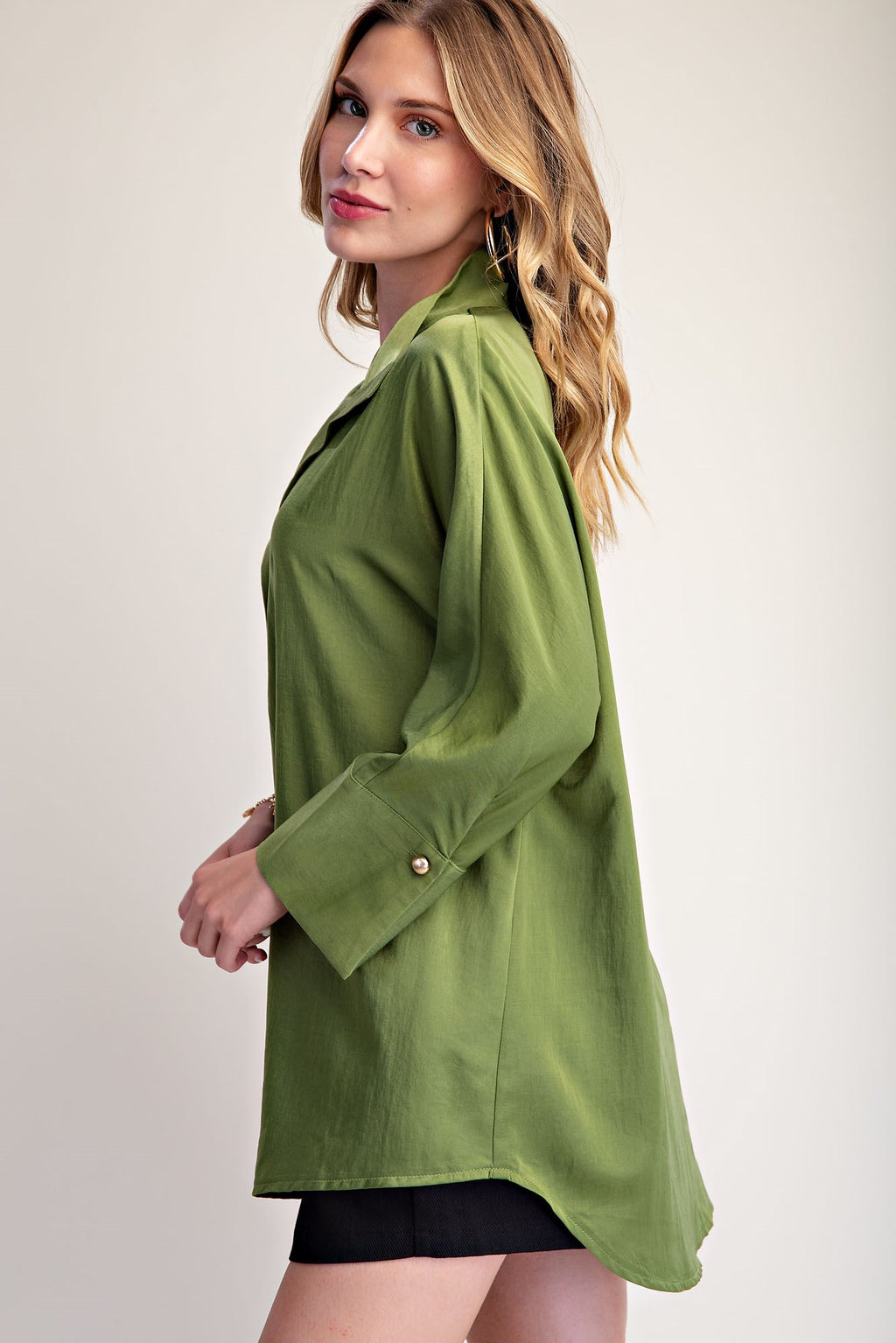Stand Neck Button Placket Dolman Sleeves Shirt