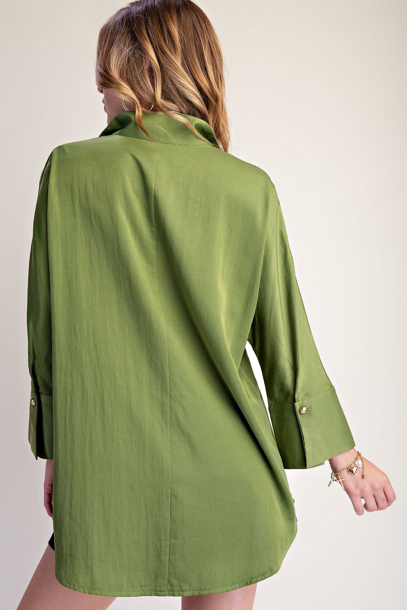 Stand Neck Button Placket Dolman Sleeves Shirt