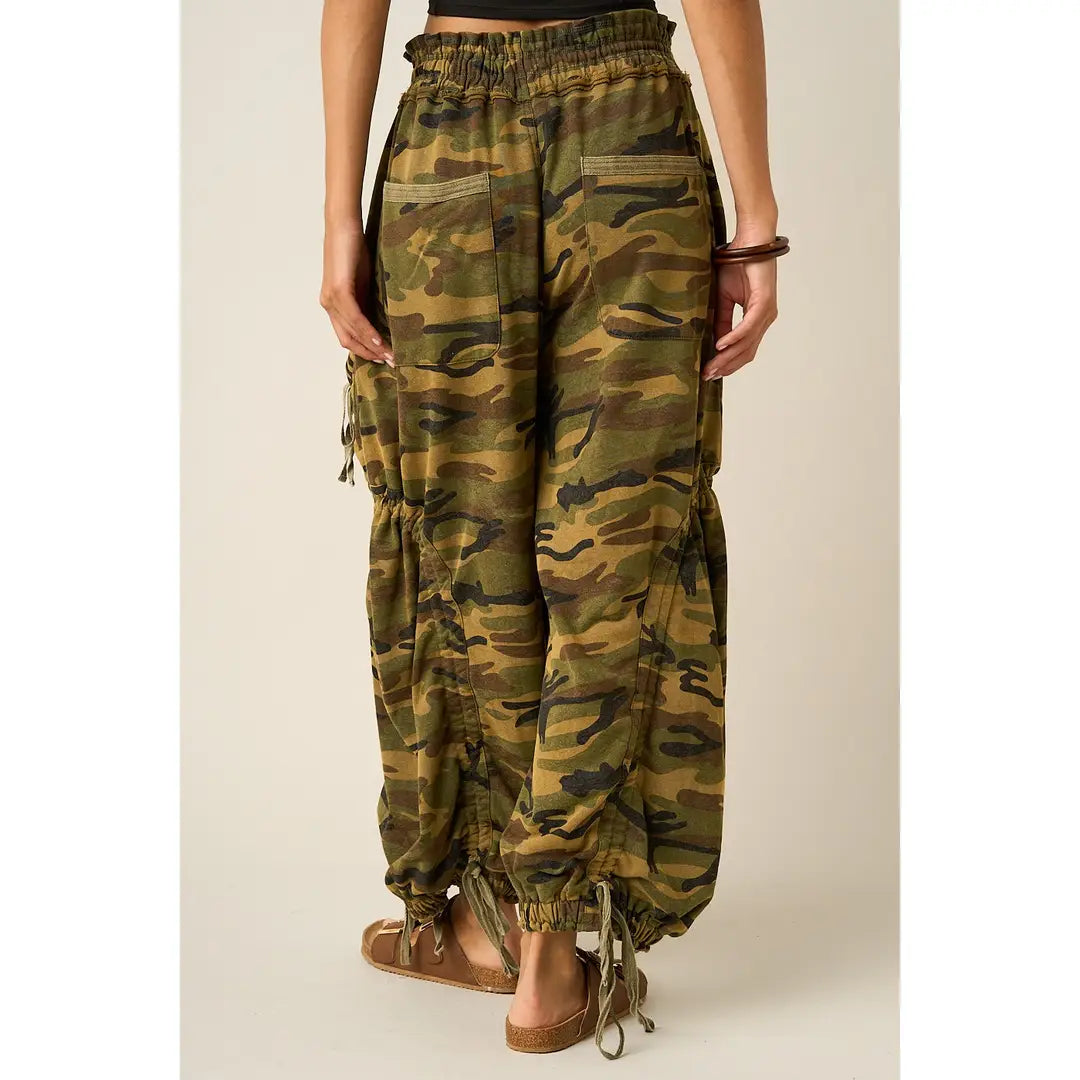 Camo Cargo Drawstring Parachute Pants