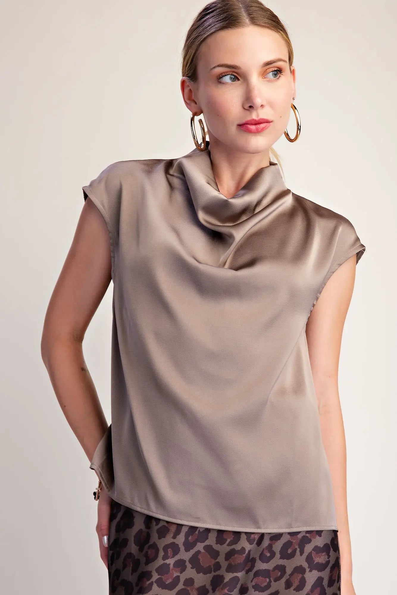 Cowl Neck Sleeveless Satin Top