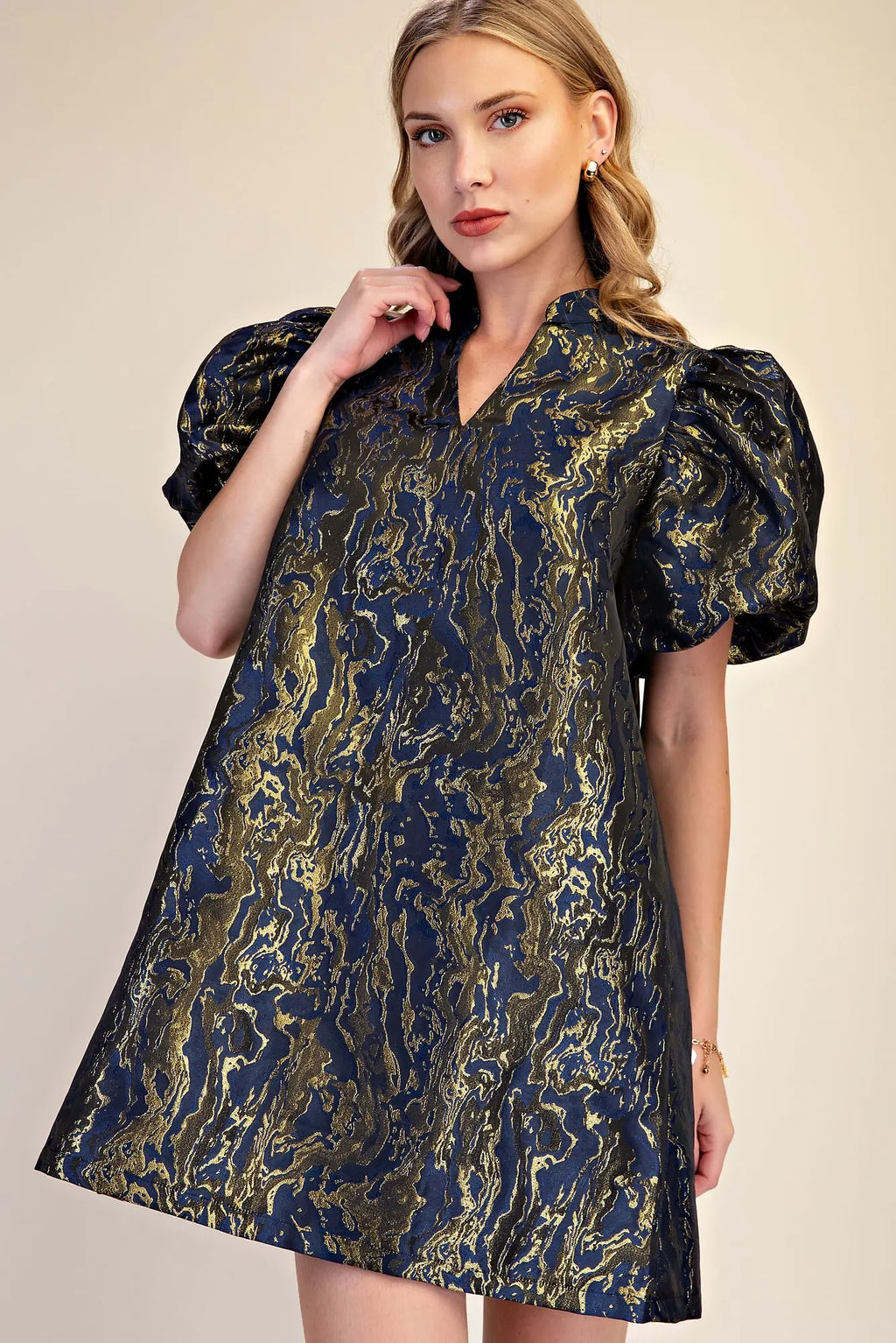 Metallic Jacquard Puff Sleeve Mini Dress
