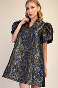 Metallic Jacquard Puff Sleeve Mini Dress