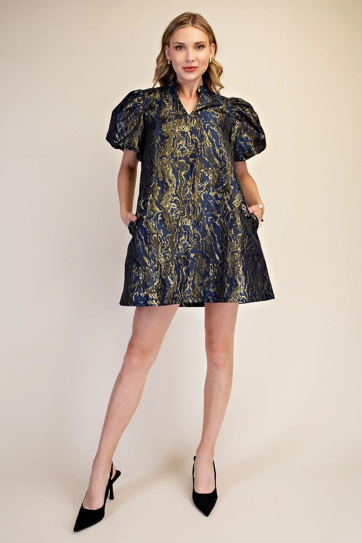 Metallic Jacquard Puff Sleeve Mini Dress