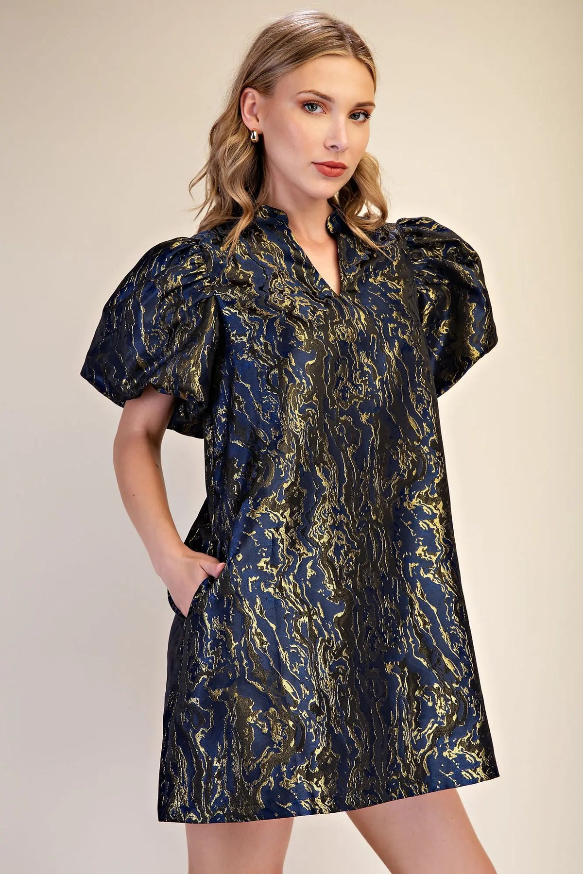 Metallic Jacquard Puff Sleeve Mini Dress