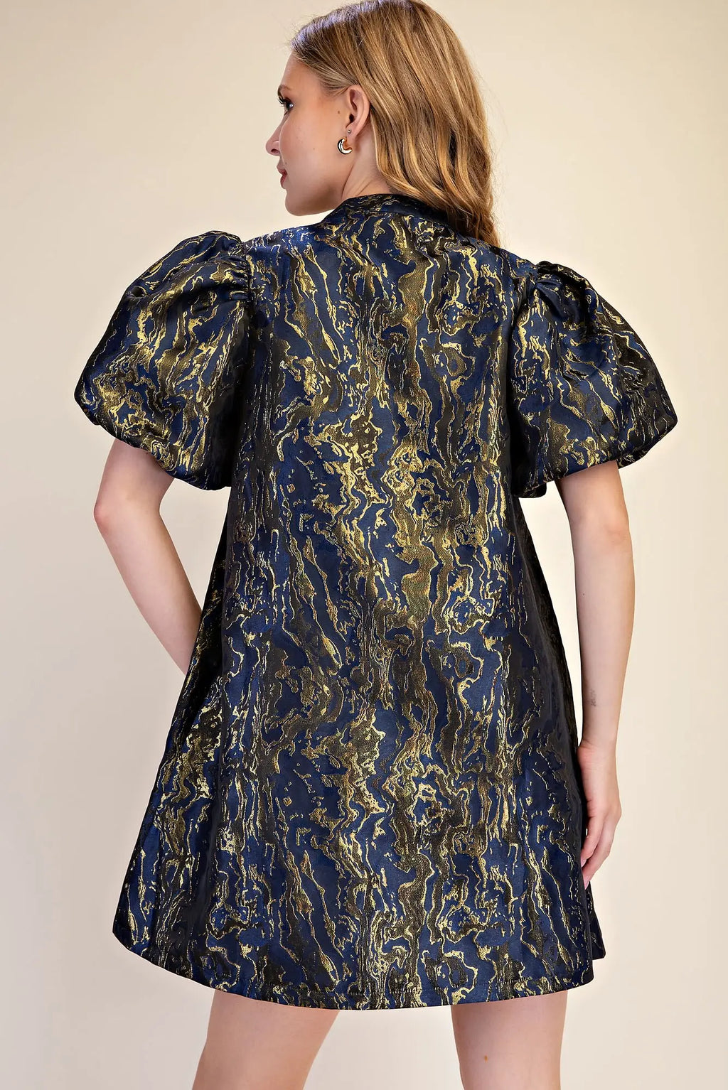 Metallic Jacquard Puff Sleeve Mini Dress