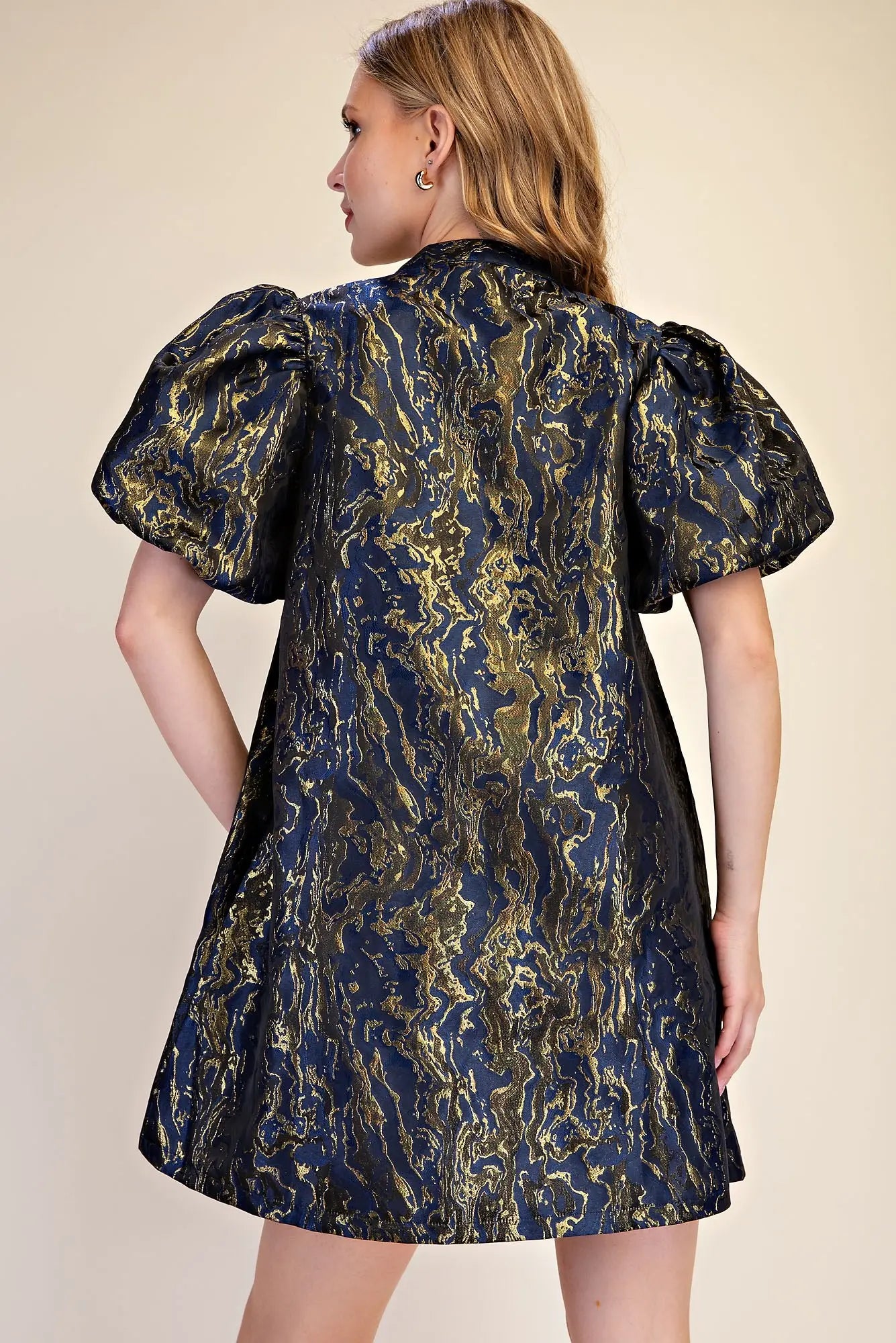 Metallic Jacquard Puff Sleeve Mini Dress