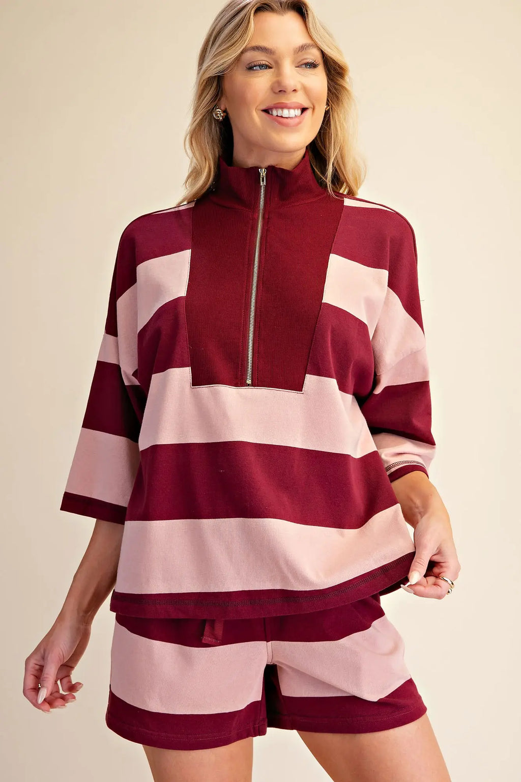Front Zip Neck 3/4 Sleeve Pullover Burgandy Stripe TOP