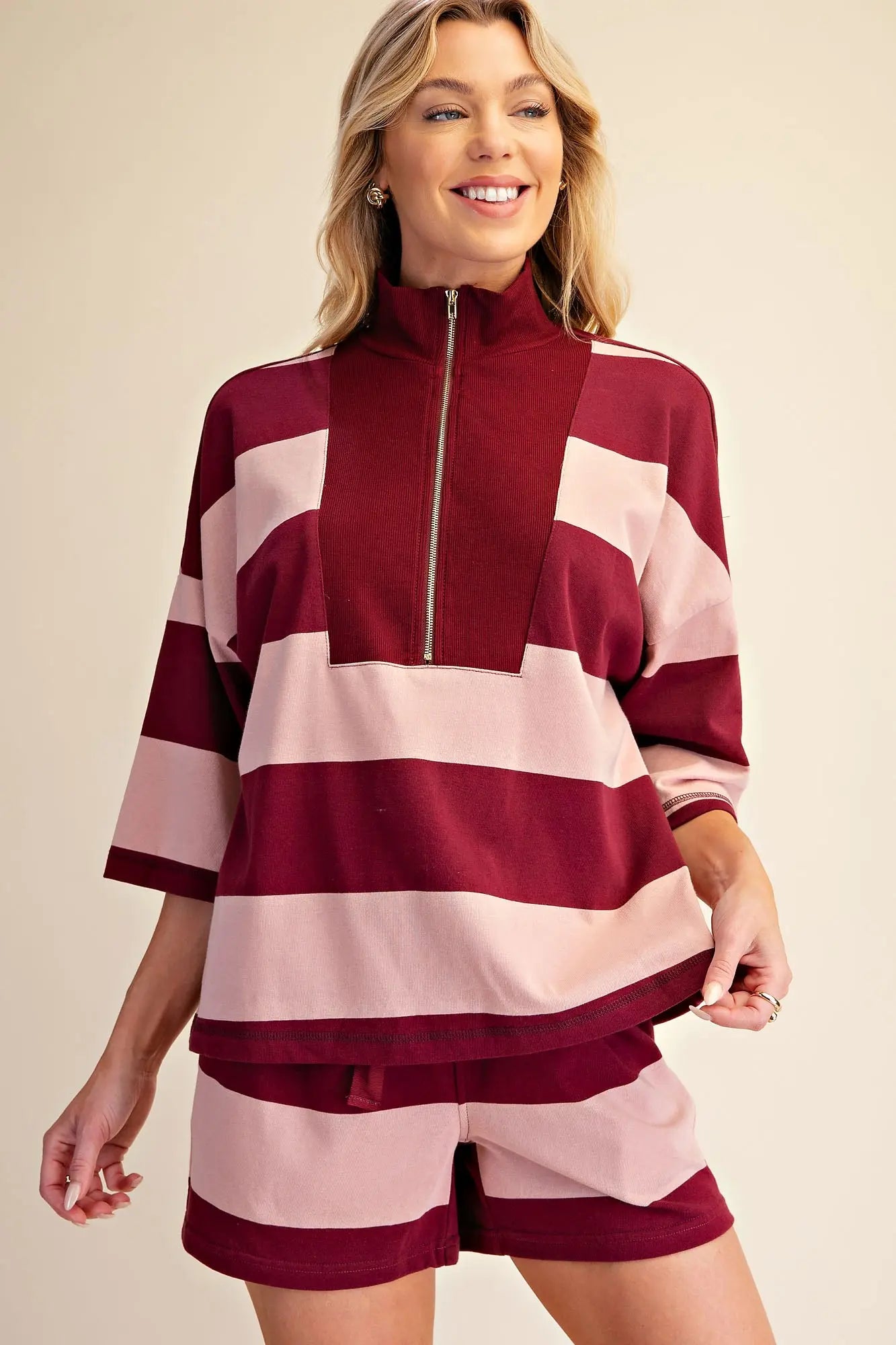 Front Zip Neck 3/4 Sleeve Pullover Burgandy Stripe TOP