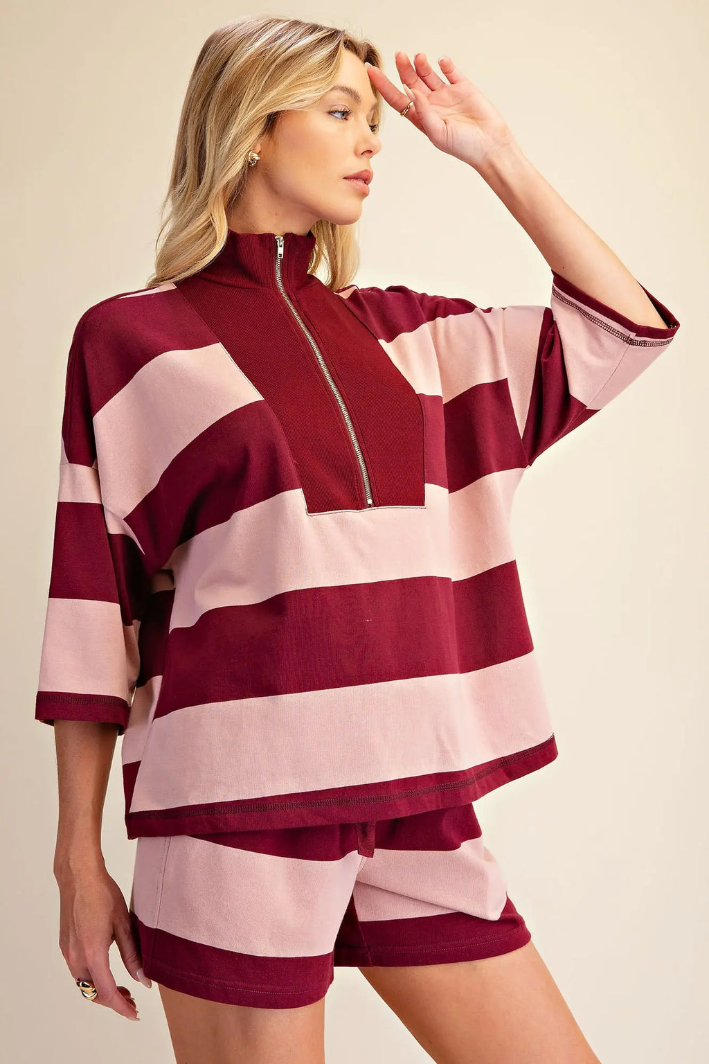 Front Zip Neck 3/4 Sleeve Pullover Burgandy Stripe TOP
