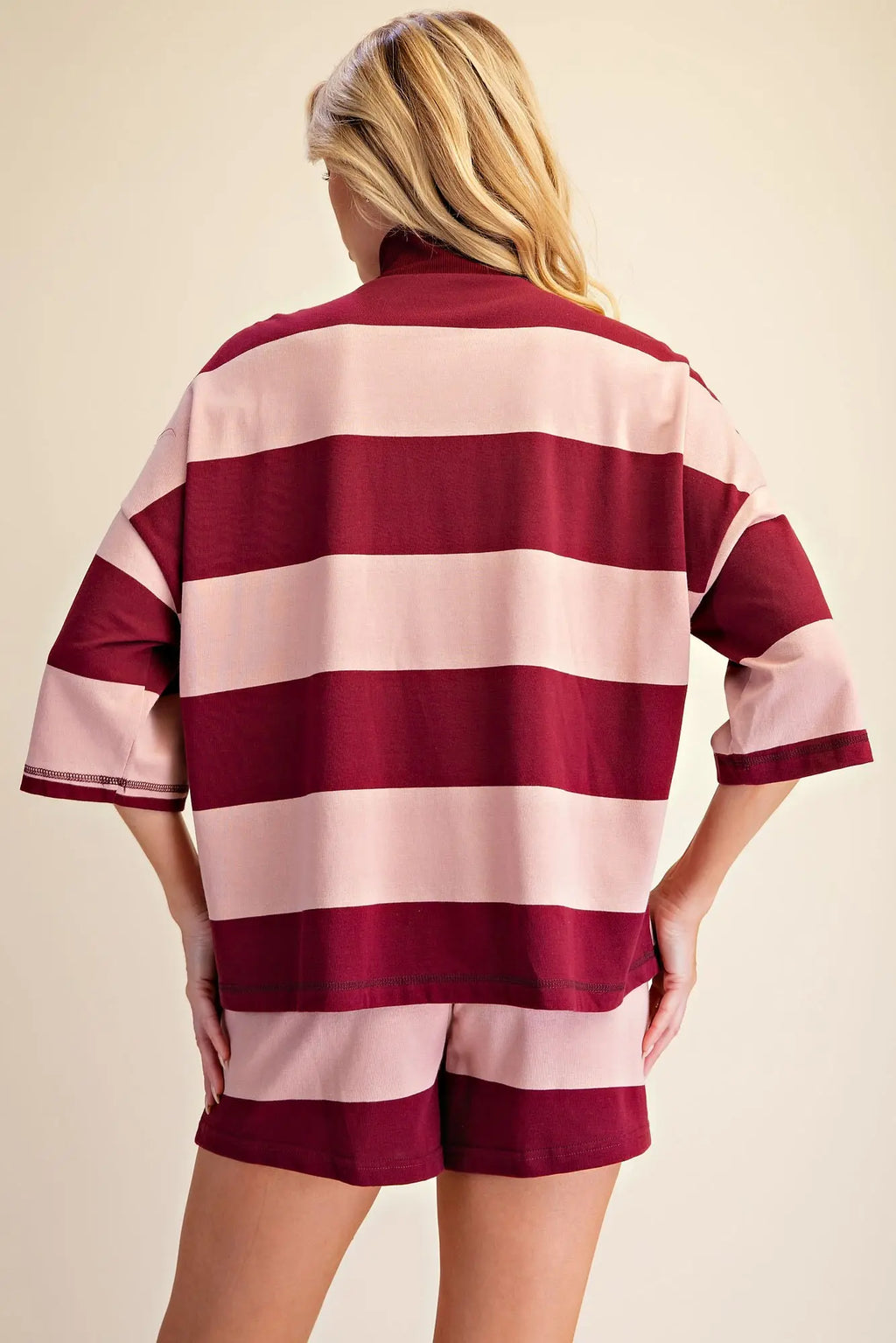 Front Zip Neck 3/4 Sleeve Pullover Burgandy Stripe TOP