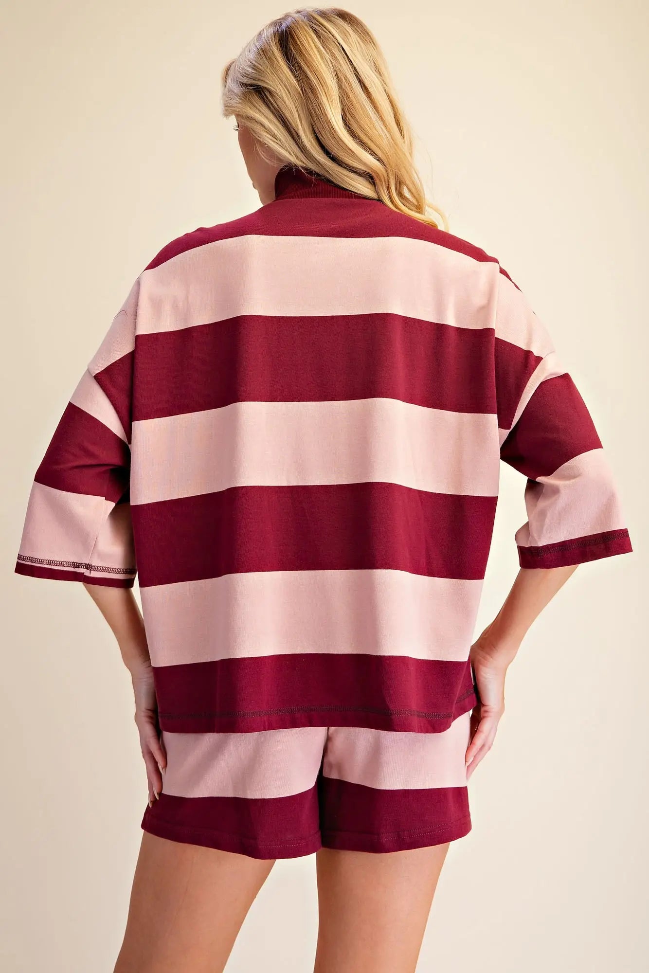 Front Zip Neck 3/4 Sleeve Pullover Burgandy Stripe TOP