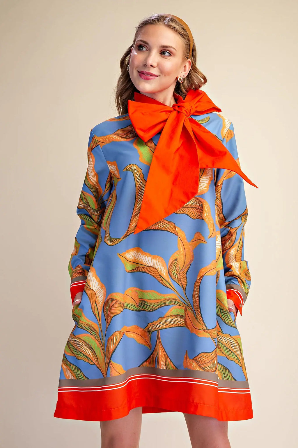 Neck Tie Bow Long Sleeve Border Print Mini Dress