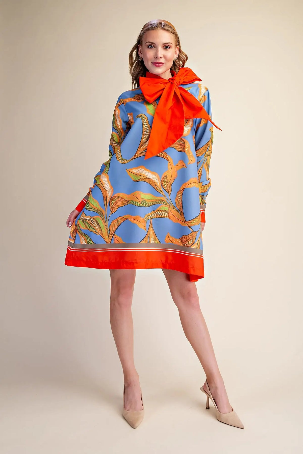 Neck Tie Bow Long Sleeve Border Print Mini Dress