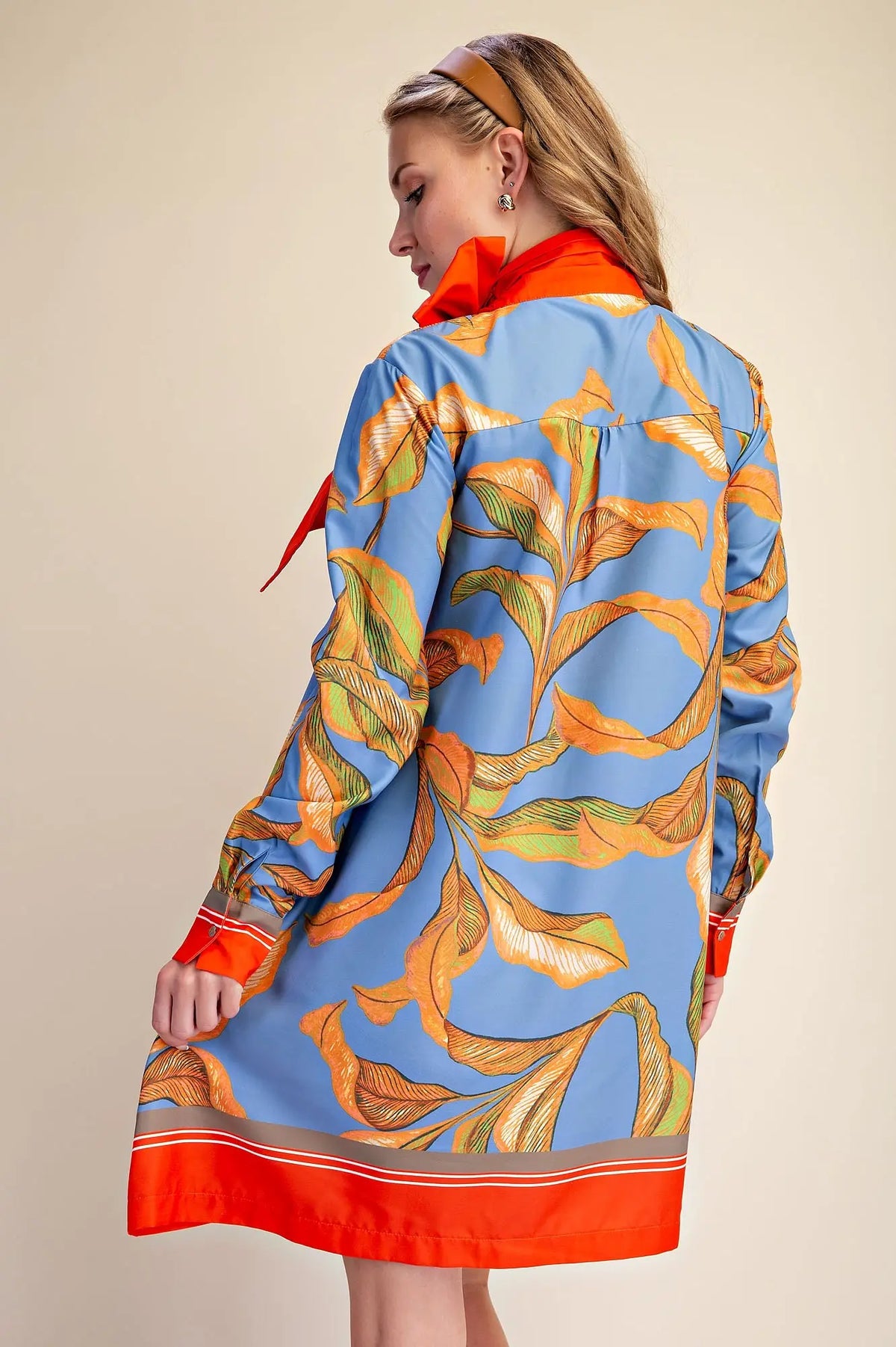Neck Tie Bow Long Sleeve Border Print Mini Dress