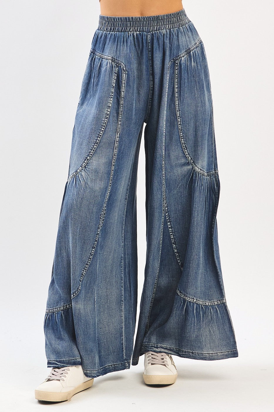 Washed Chambray Tier Detail Wide Leg Pants