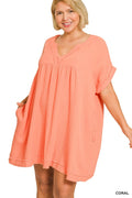Plus Double Gauze Raw Edge V-neck Dress