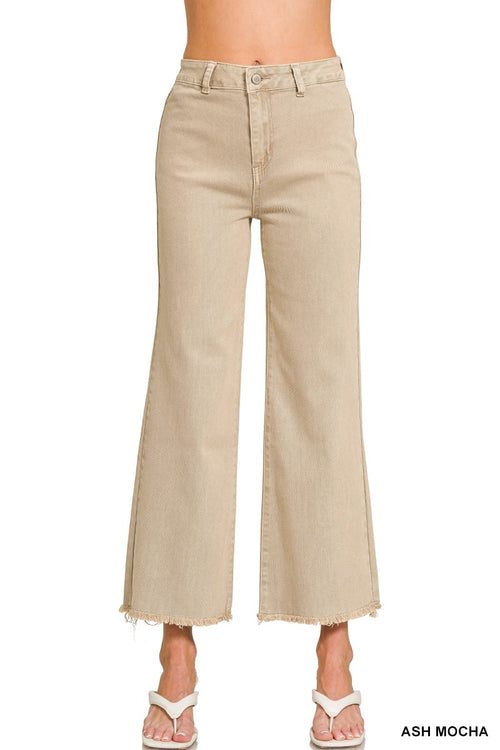 ACID WASHED FRAYED CUTOFF HEM STRAIGHT WIDE PANTS
