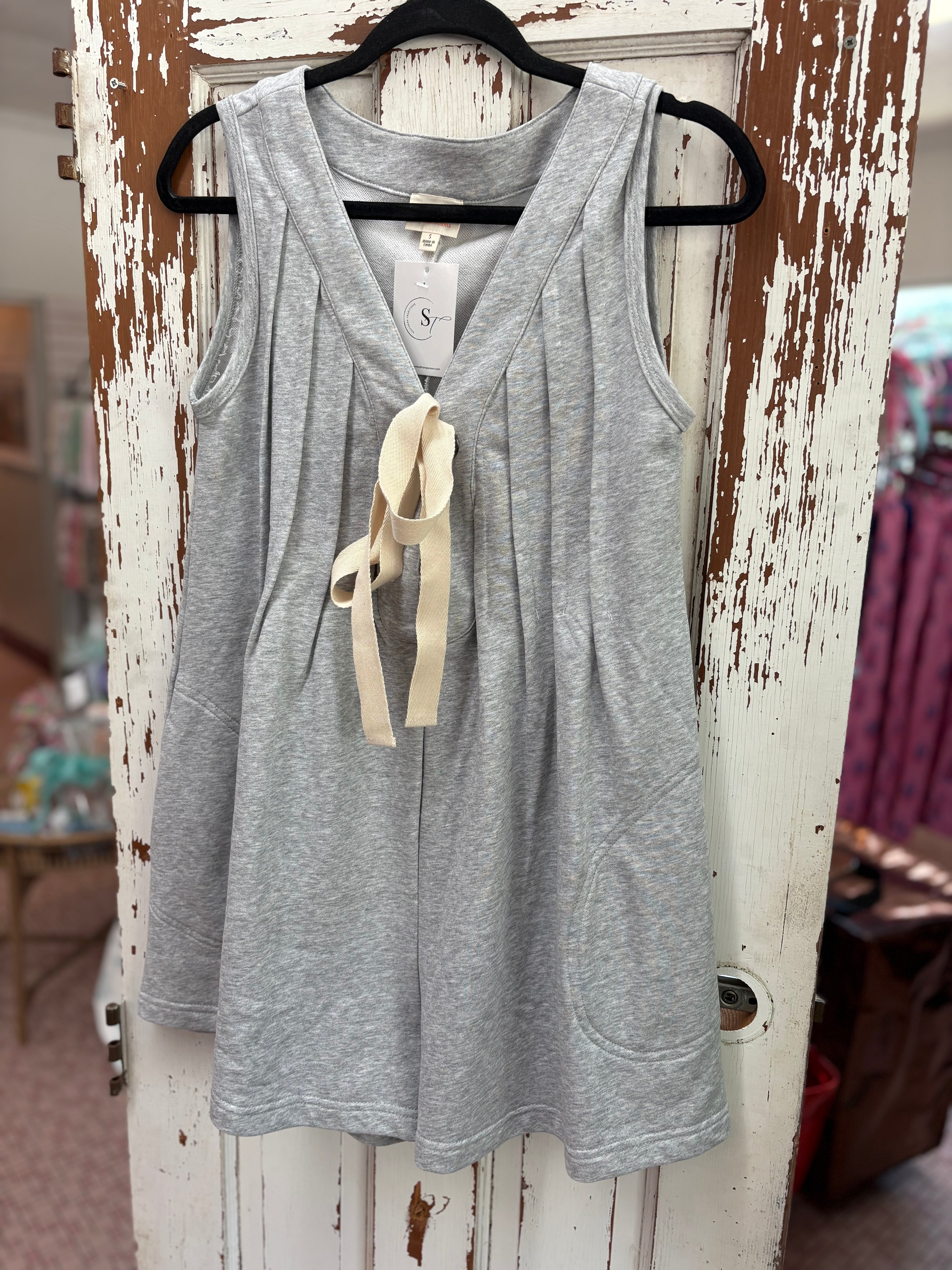 Front Tie Pleated Sleeveless Terry Romper