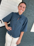 Stripe self-tie neck short puff sleeve top