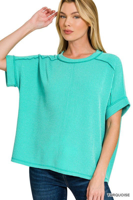 Raised Rib Cuff Sleeve Raw Edge Top