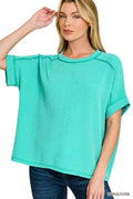 Raised Rib Cuff Sleeve Raw Edge Top