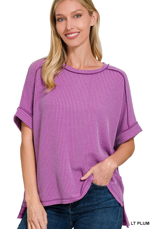 Raised Rib Cuff Sleeve Raw Edge Top