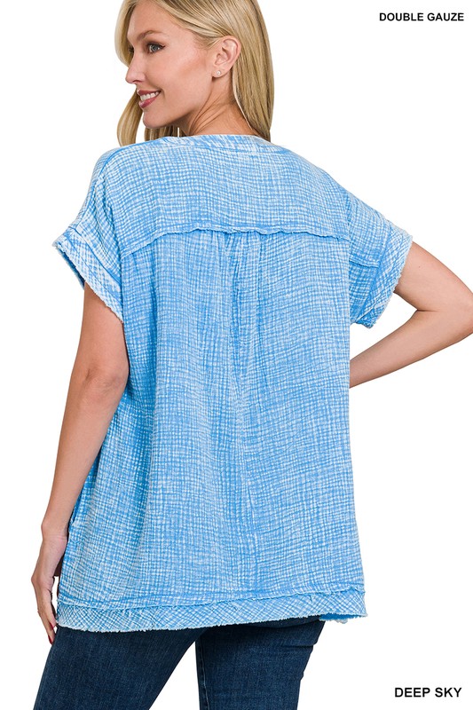 Washed Double Gauze Raw Edge Short Sleeve Shirt Top